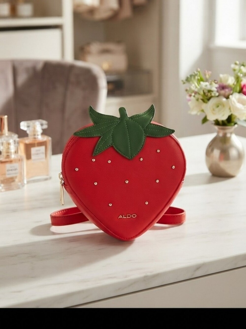 ALDO Red Strawberry Heart Mini Crossbody with Green Leaf Accent Bundle